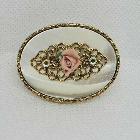 Pink Rose Marble Gold Tone 1.5" Pin Lapel Brooch - Picture 3 of 8